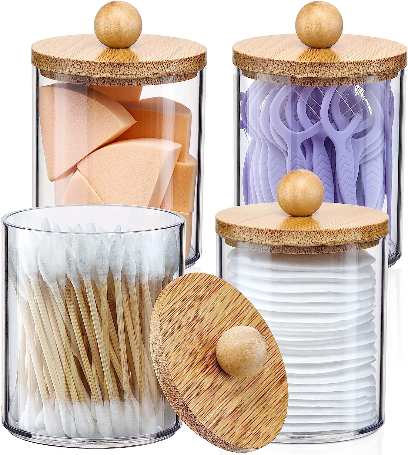 Holder Dispenser with Bamboo Lids, Clear Plastic Jar, Containers for Vanity, Storage Jars, Bathroom Accessories Set for Cotton Swab -10 oz (4 Pcs) Holder Dispenser with Bamboo Lids, Clear Plastic Jar, Containers for Vanity, Storage Jars, Bathroom Accessories Set for Cotton Swab -10 oz (4 Pcs)